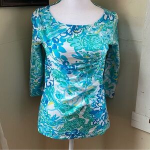 Lilly Pulitzer Vibrant Blue and Green 3/4 Sleeve Top XS